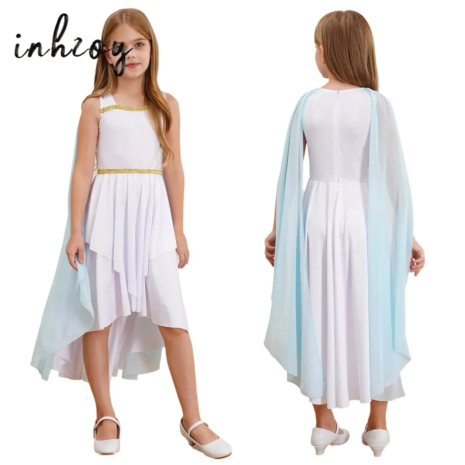 Costume d'Halloween de Toga Grecque pour Fille, Robe de Princesse en Tulle Flowy, Châle, Cosplay, Spectacle