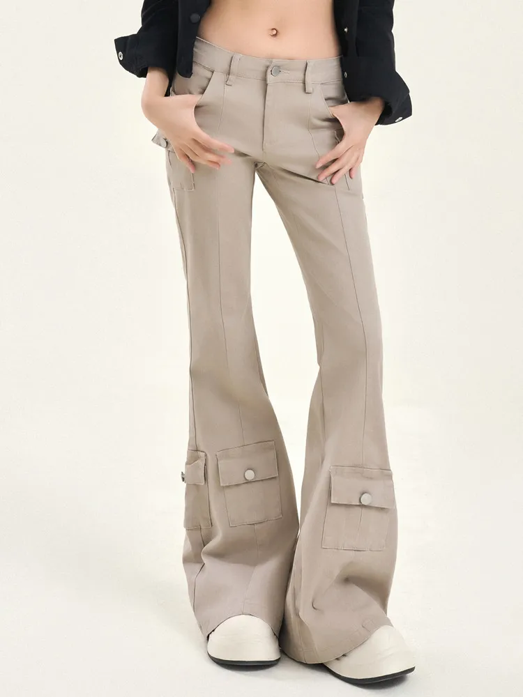 GUUZYUVIZ Khaki American Style Low Rise Splice Cargo Pants Women Y2K Streetwear Casual Flared Pants Ladies Fashion Slim Trousers