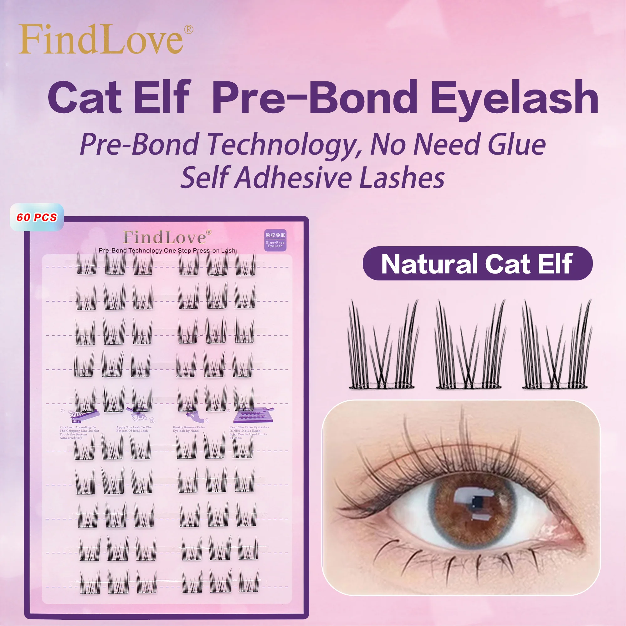 10Rows FindLove Cat Elf Glue-free Eyelashes C Curl 10-12mm No Glue Need Eyelashes Natural Self Adhesive Eyelash Extension Set