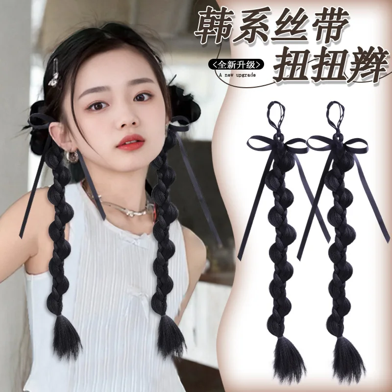 

2 шт., детский парик с хвостиком, коса, бант для девочек, милый крутой головной убор с резинкой, аксессуары для волос для девочек