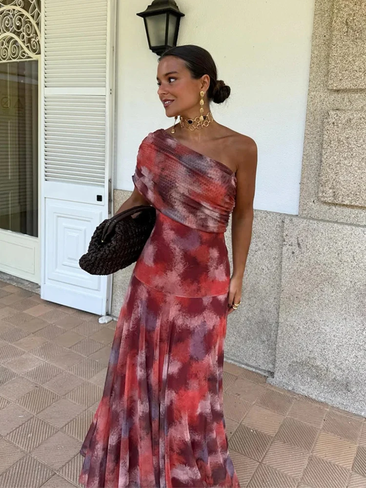Vintage One Shoulder Printed Maxi Dress Women Sleeveless Mesh Ruched Bodycon Long Dresses Summer Elegant Vacation Party Vestidos