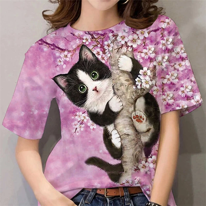 Women's Casual Fashion Y2k Tops Summer 3D Cute Animal Cat Print Short Sleeve Tees O-neck Funny Tops Female Tshirt Kawaii Clothes