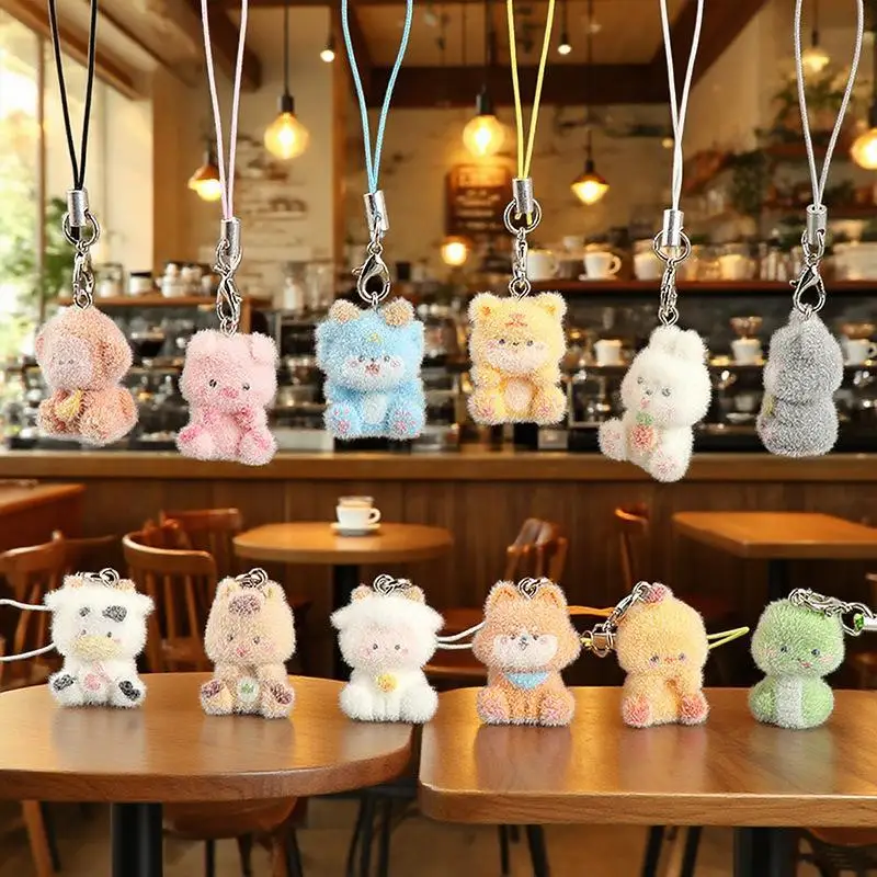 Cute Flocked Zodiac Animal Keychain For Women Pendant Bag Phone Lanyard DIY Backpack Decoration Accessory Girls Birthday Gift