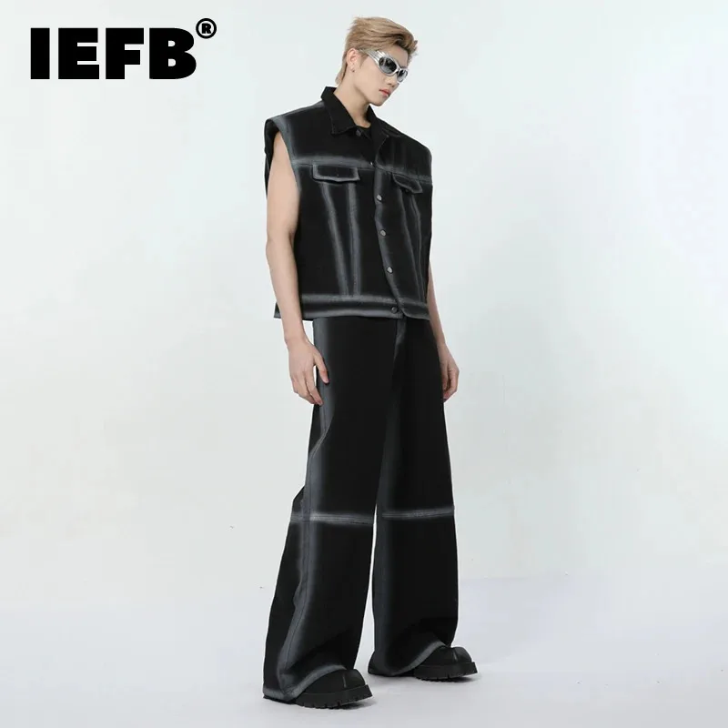 

IEFB Niche Style Men's Denim Sets Spray Gradient Color Turn-down Collar Sleeveless Tank Tops Worn-out Wide Leg Male Jeans 9C6548