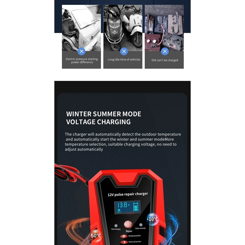 12V Pulse Repair 6A Fast Charge for Car Motorcycle Lead-Acid Car Battery Charger LCD Display Battery Tester US Plug-A26I - view 4