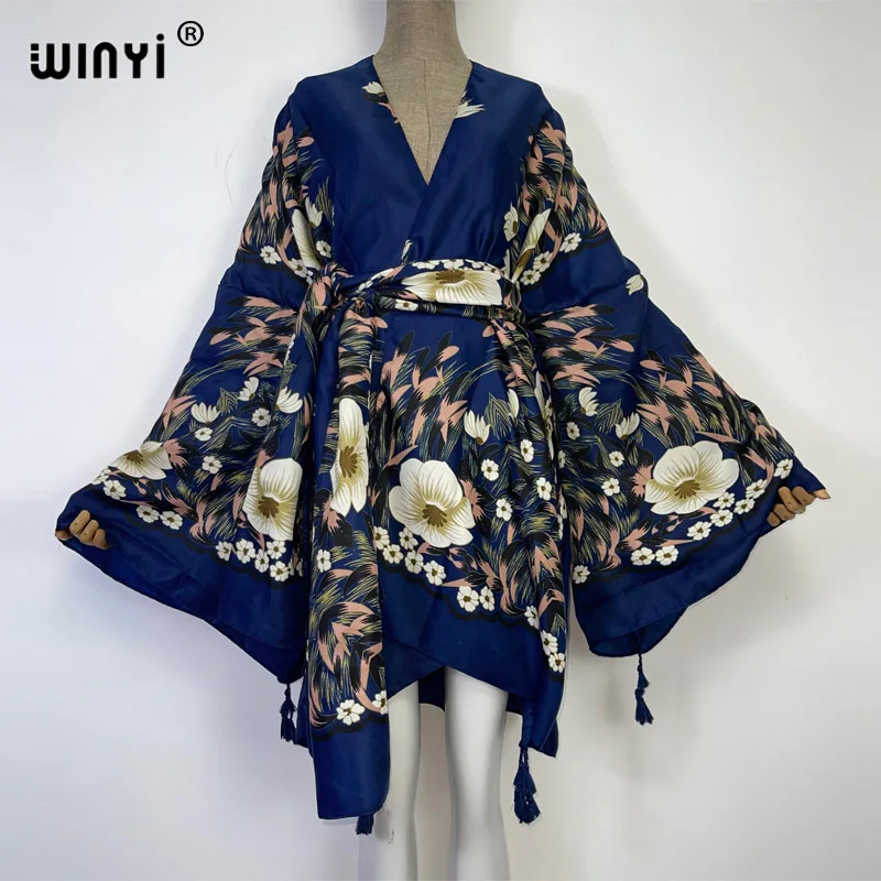 2022 NEW WINYI Summer Beach Wear Swim Suit Cover up sweet lady boho Cardigan stitch Self Belted sexy Holiday long Sleeve Kimono