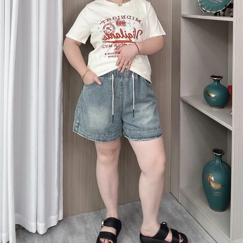 Elastic Waist Denim Shorts Women 2024 Summer New Plus Size Loose Thin Casual Wide Leg Jeans