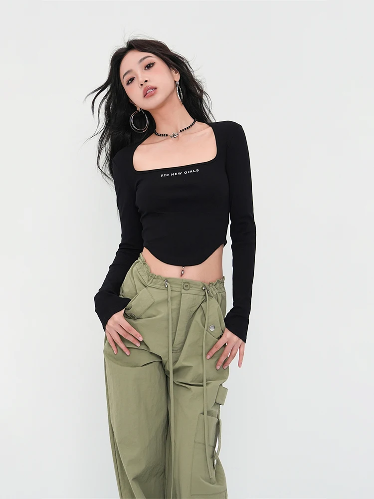 Spicy Girl American T-shirt Women's Street High Waist Tight Slim Look Shoulder Length Long Sleeved Knitted Square Neck Top OXG0