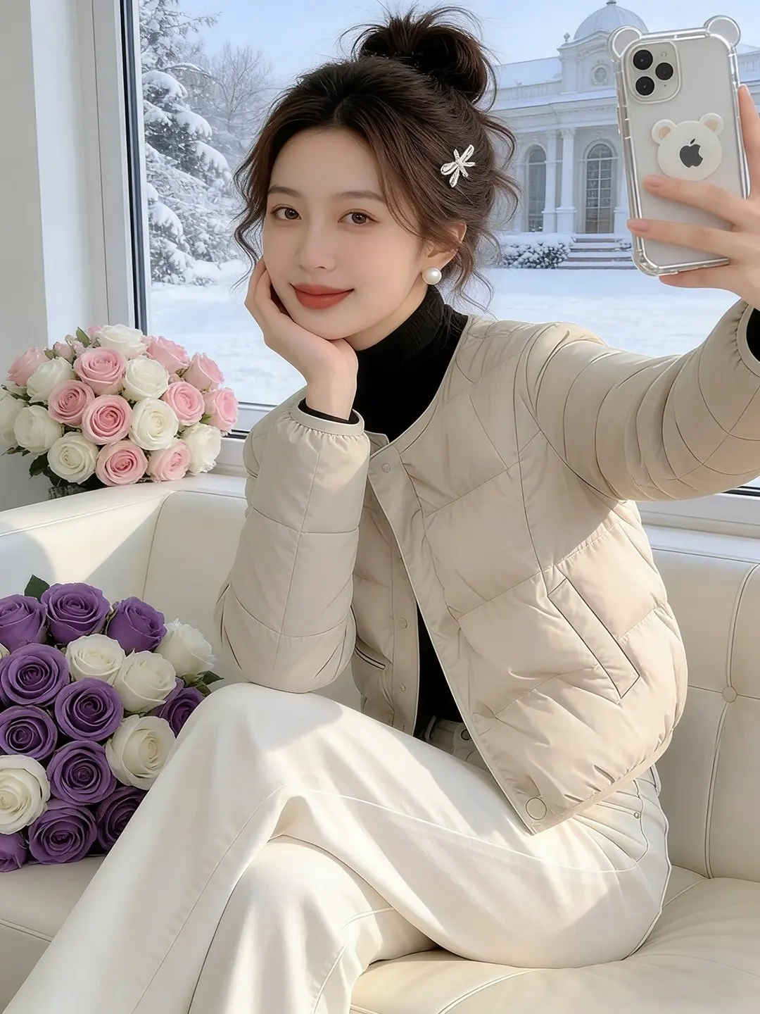 

Slim Fit Short Cotton Jacket Women's Fashion round Neck Lightweight Winter New Style Cotton Coat Simple Design Casual Commute