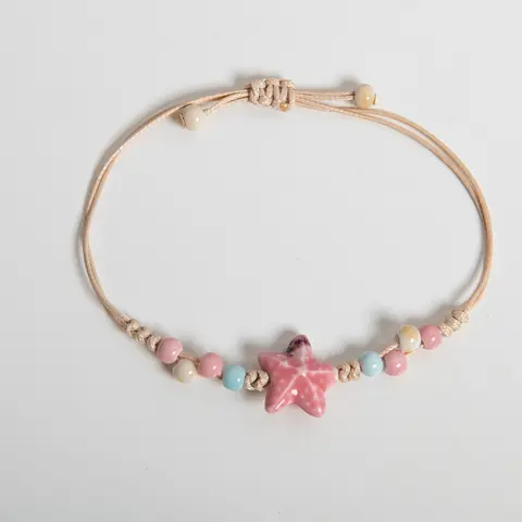 Pembe Yıldız Seramik El Yapımı Bilezik Kadınlar için Ayarlanabilir Boho Makrome Halat Takı Hediye S03-107