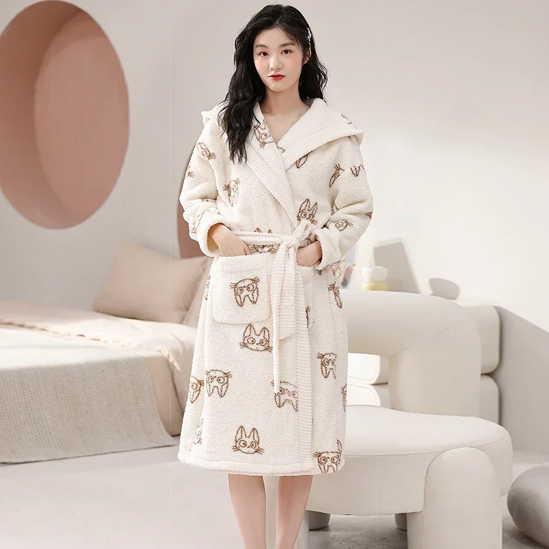 2023 Winter Long Sleeve Hooded Thick Warm Flannel Print Kimono Robes for Women Coral Velvet Bathrobe Sleepwear Nightdress Nighty