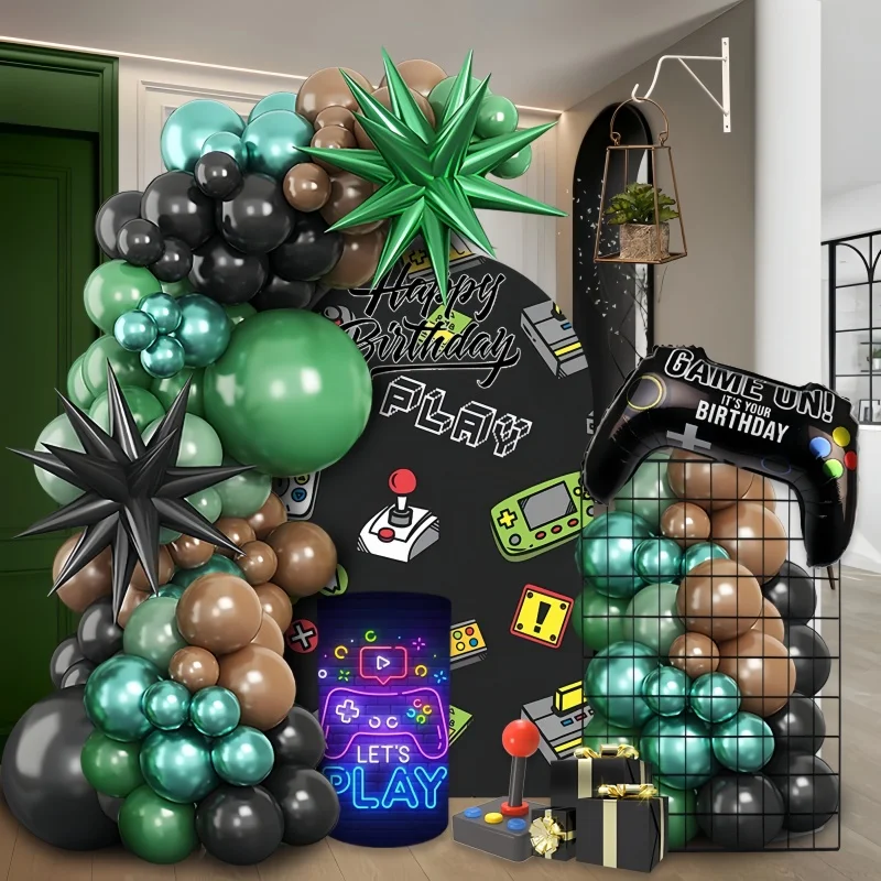 112Pcs Game-Themed Balloon Arch Set, Mainly Made of Black and Green Latex Balloons, with Black Exploding Stars and Game Controller Foil Balloons, Suitable for Birthday and Carnival Party Scene Decorations