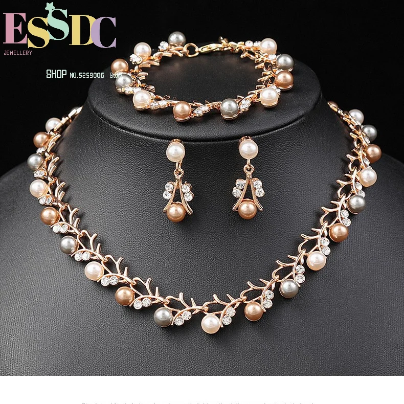3 piece jewelry set pearl and rhinestone necklace earrings bracelet bridal wedding accessories