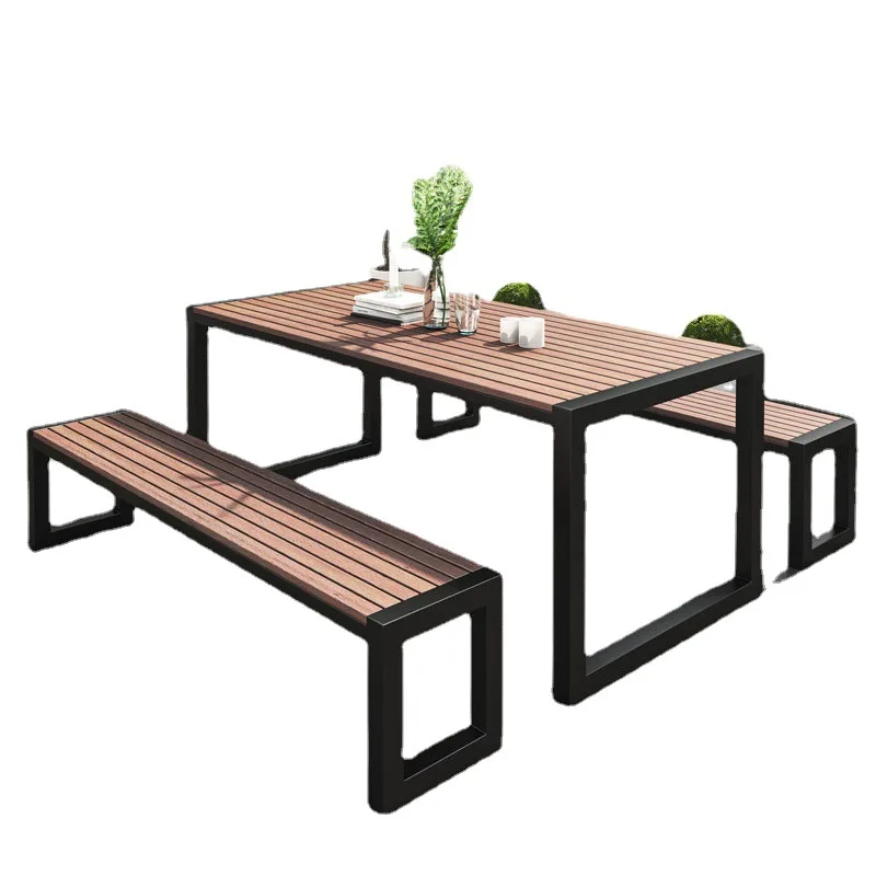 

Metal simple courtyard open-air garden plastic wood outdoor dining table and chairs