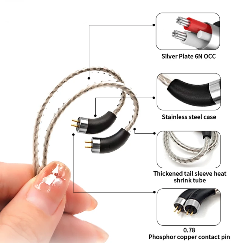 OKCSC High Silver Plated OCC Upgrade Cable 2 Pin 0.78mm Pin Wire Earphones Cable 2.5 3.5 4.4mm Balanced IEM Cable