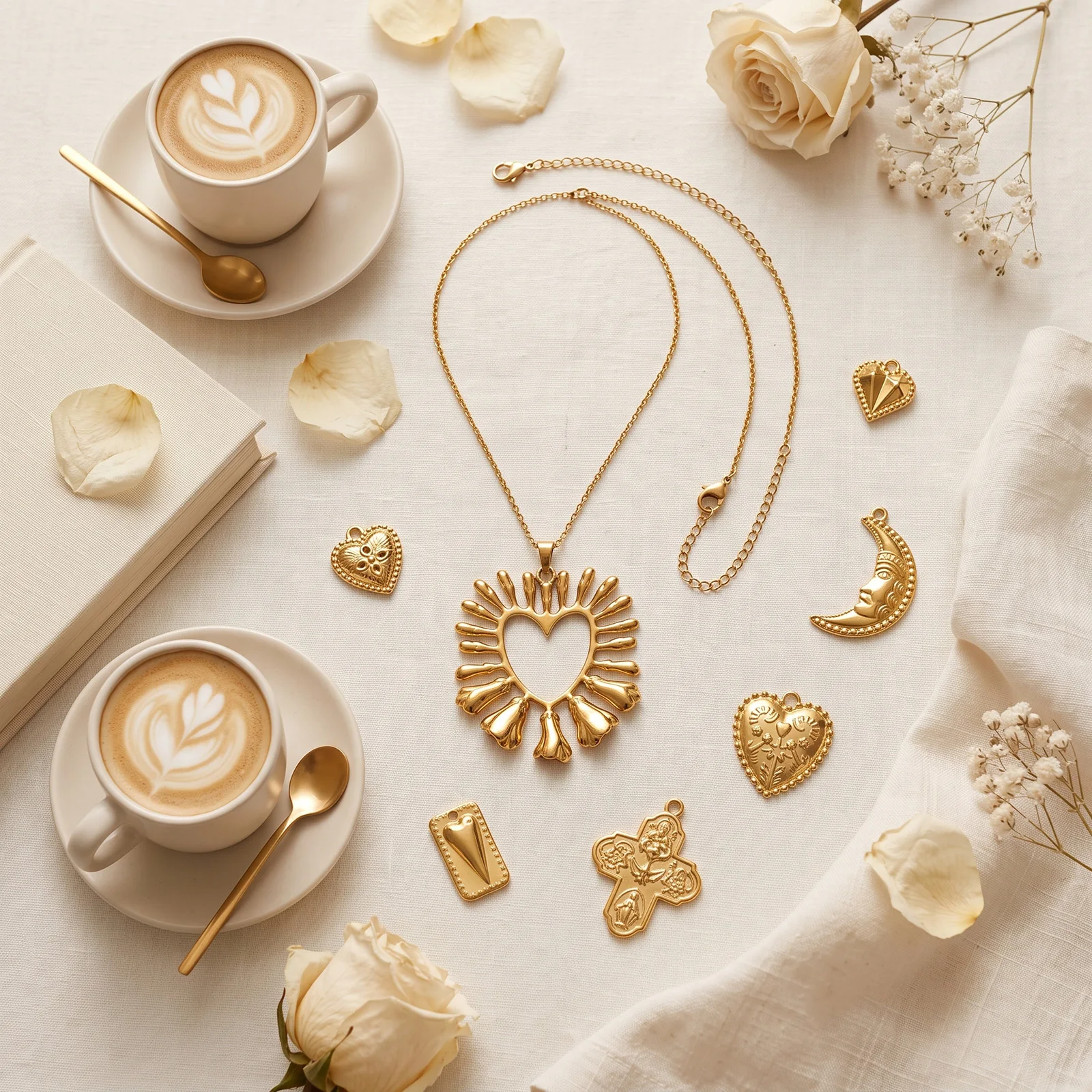 2 Pcs Embossed Charms Heart Moon Cross 304 Stainless Steel 18K Gold Plated Pendants For DIY Necklace Jewelry Making Wholesale