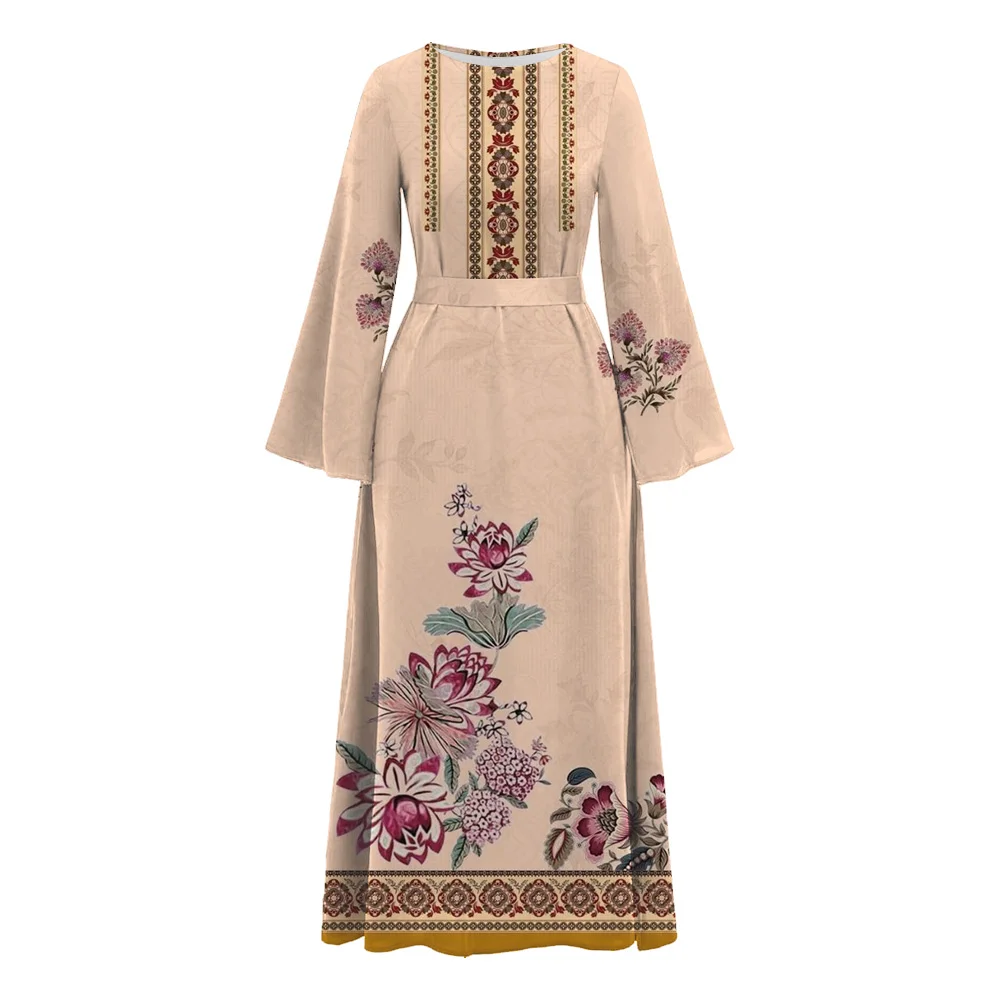 Jesienna muzułmańska sukienka z długim rękawem Abaya Vintage Floral Printed Ramadan Islam Turkey Abaya Vestidos Casual Holiday Women Tunic Robe