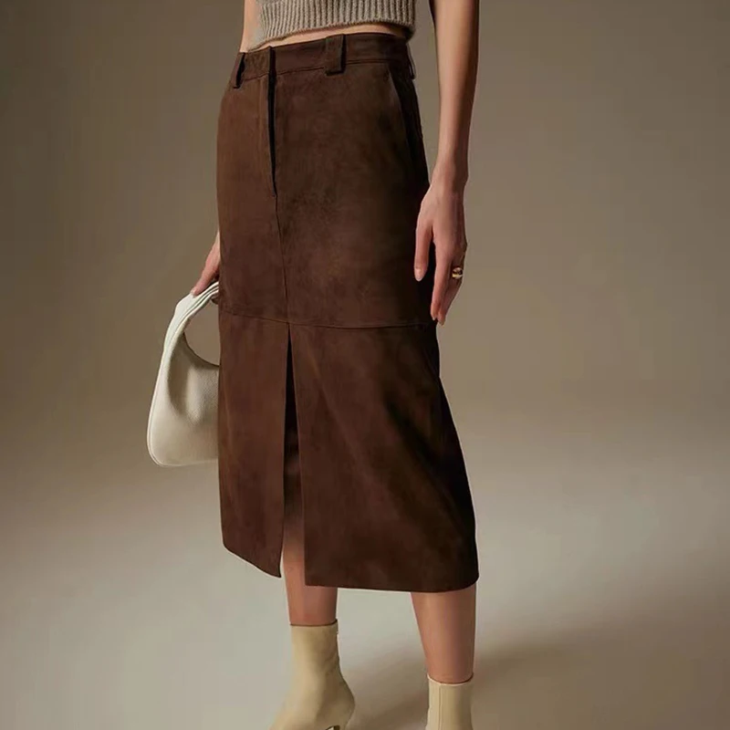 Leather Skirts for Women Spring Autumn Fashion Elegant Vintage Maillard Color Goatskin Suede Front Split Design Maxi Skirt Saias