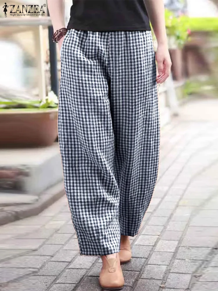 ZANZEA 2025 กางเกงลายสก๊อตผู้หญิงแฟชั่นโคมไฟกางเกงลําลองหลวมยาวกางเกงฤดูร้อนกระเป๋าเอวยางยืดกางเกงขนาดใหญ่