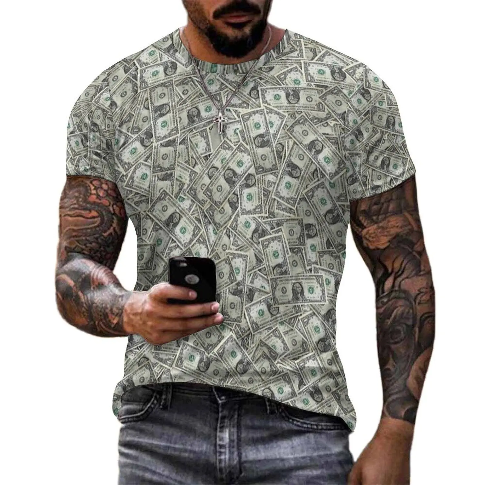 Men USA Dollar Bills Funny Print T-Shirt  Harajuku T Shirts Short-Sleeve Printed Tshirt Hot Summer Funny Oversized Clothes