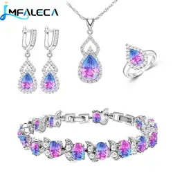 Women 925 Silver Jewelry Sets Multicolor Tourmaline Bithstone Earrings Necklace Open Ring Bracelets Set Gift for Mom/Wife/Friend