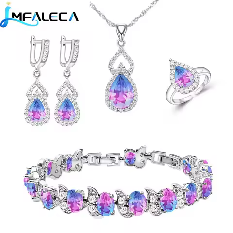 Women 925 Silver Jewelry Sets Multicolor Tourmaline Bithstone Earrings Necklace Open Ring Bracelets Set Gift for Mom/Wife/Friend