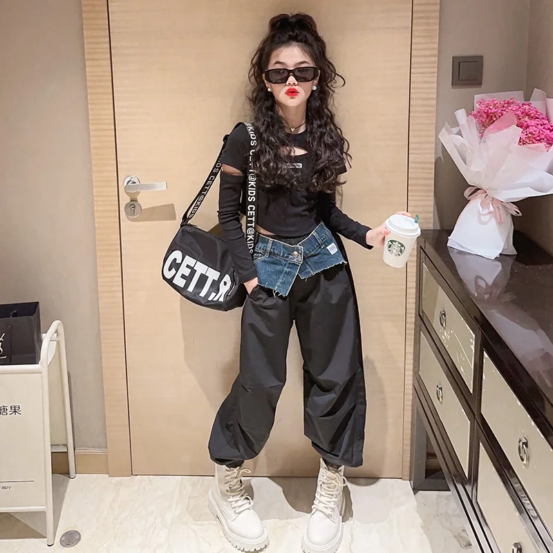 Hip Hop Kids Clothes Girls Sets Slim T-shirt Tops High Waist Black Denim Wide Leg Pants Jazz Girl Dance Suits Spring Autumn 2024