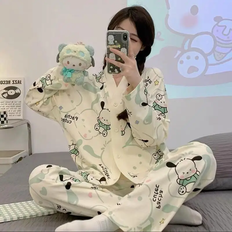 Kawaii سينامورول أنيمي Pochacco المرأة منامة الكرتون نمط الشابات ملابس المنزل في سن المراهقة تي شيرت مطبوع بلايز عادية السراويل