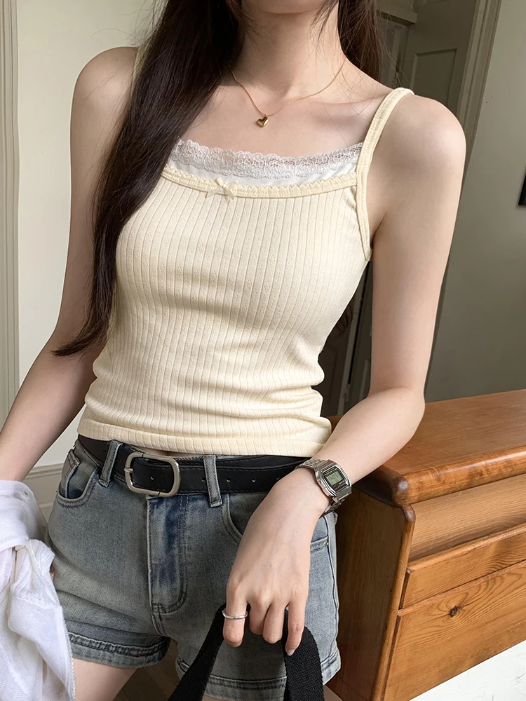 Sexy Lace Trim Splice Crop Top Women's Summer 2024 New Outerwear Inner Match Base Shirt  Knot Element Commute Style