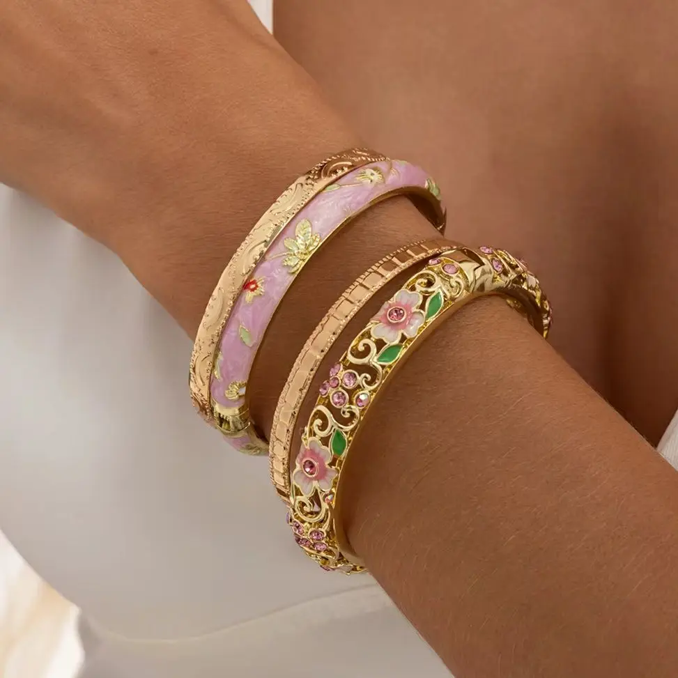 KunJoe 4Pcs/Set Elegant Enamel Dropped Glaze Flower Texture Bracelet Women Retro Exquisite Glass Drill Gold Color Bangle Jewelry