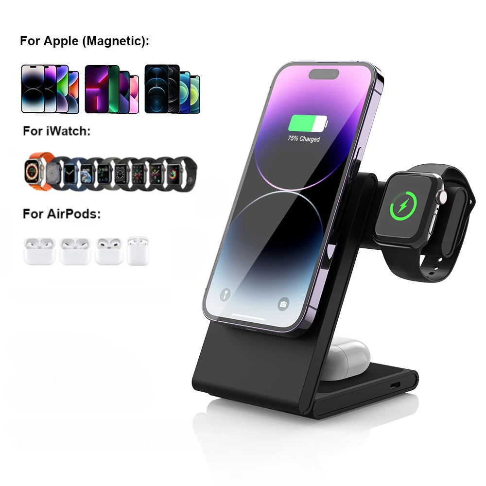 

Magnetic 3 in 1 Wireless Charger Portable Phone Holder Folding Charging Stand for Iphone 15 14 13 12 Pro Max,iwatch,airpods Pro