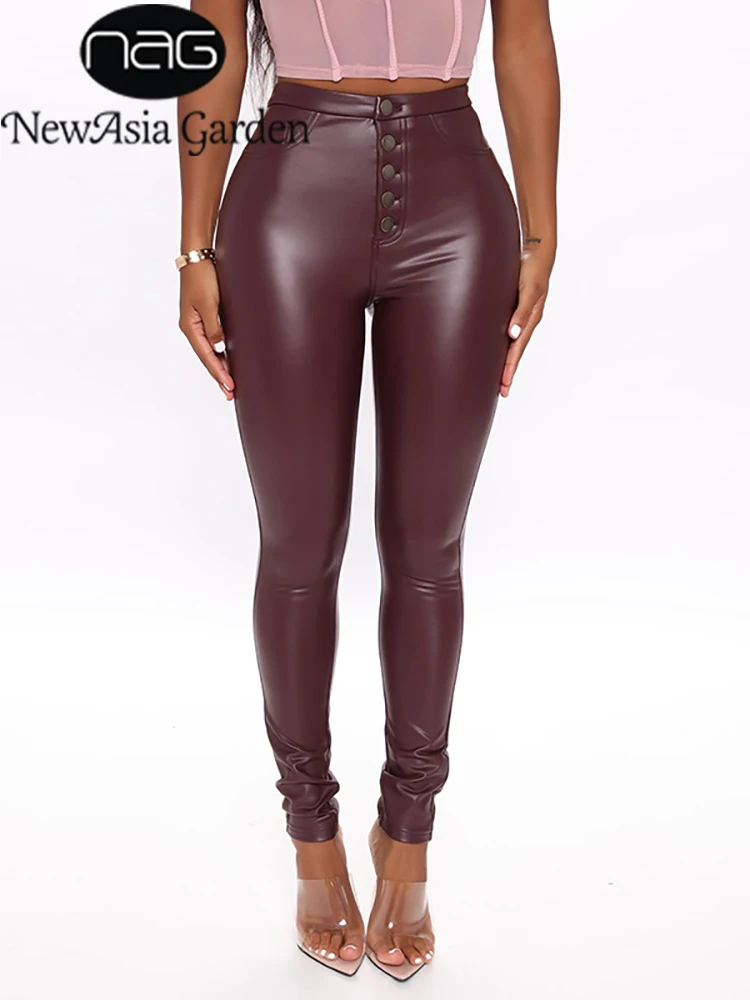 NewAsia Faux Leather Pants Button up Pencil Pants with Pocket Bodycon High Waist Trousers Women Fall Fashion Streetwear 2020 New