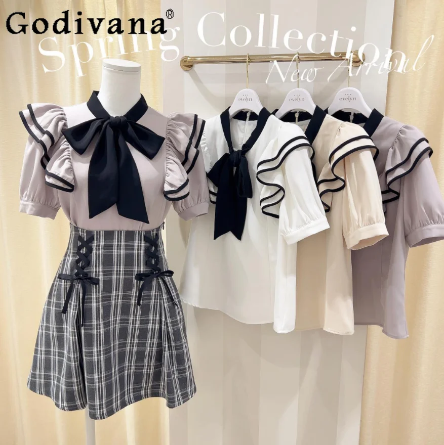 

Summer New Fashion Bowknot Ruffled Edge White Lolita Shirt Japanese Girly Sweet Y2k Elegant All-Match Blouse Women Short Tops