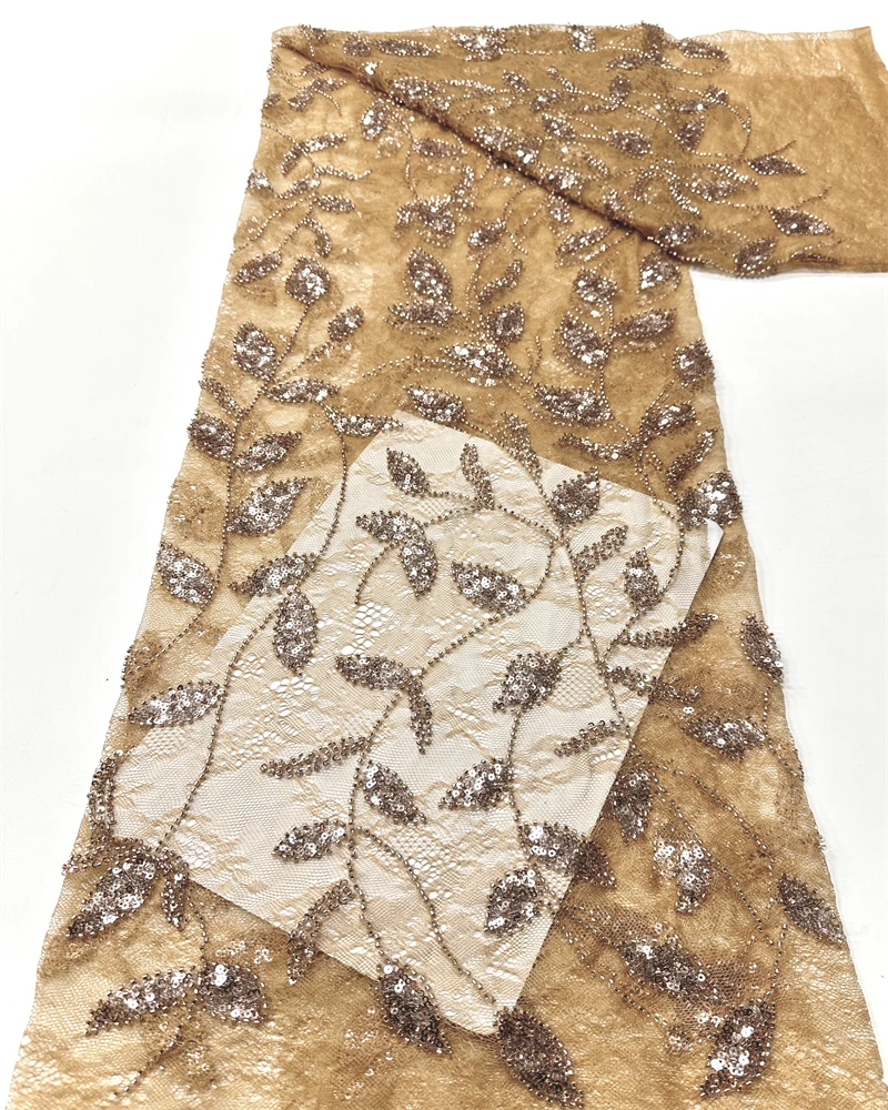 

Luxury French Embroidery Lace Fabric with Beaded Sequins for Wedding Dress African Nigerian Style Sewing Material