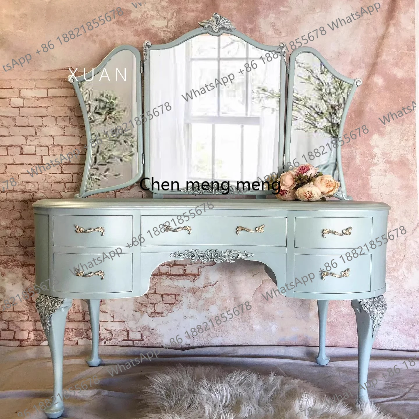 

French retro solid wood engraving makeup table American modern princess style home dressing table combination furniture