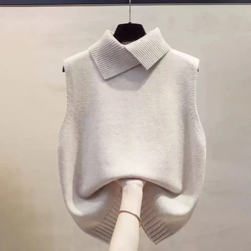 Autumn Winter Korean Solid Color Lapel Collar Knitted Vest Women Loose Sleeveless Casual Versatile Layering Sweater Waistcoat