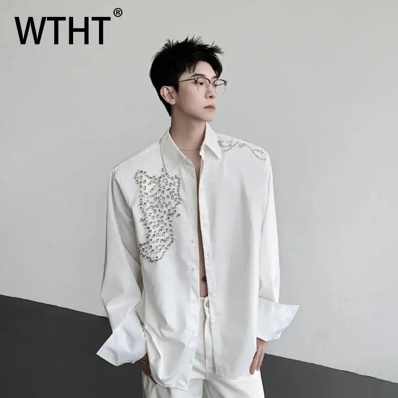 WTHT Fashion Men's Solid Color Spliced Beads Design Casual Shirts Trendy Long Sleeves Lapel Tops Male 2026 Summer 2A3088