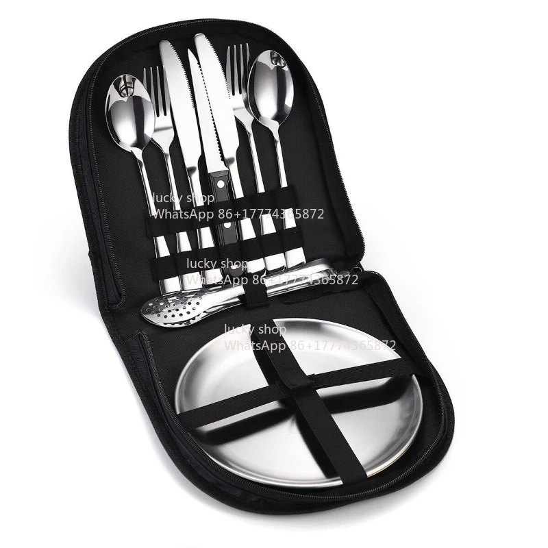 Outdoor tableware Stainless steel knives, forks, spoons, golden 4-person portable camping barbecue plate tableware 20-piece set