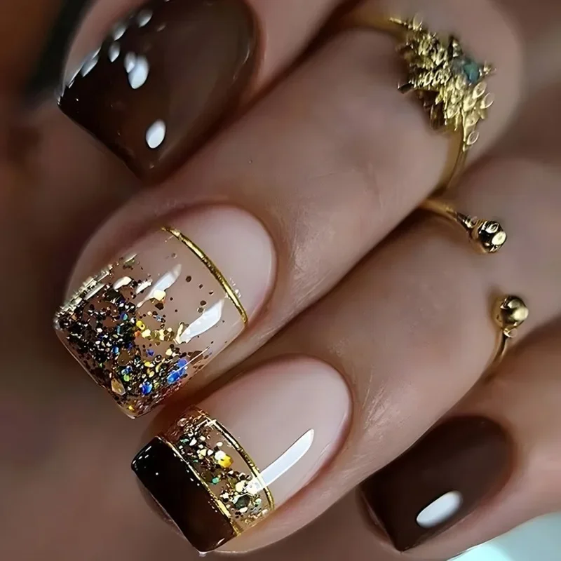 

24Pcs Fashion Sequins Short Self-adhesive Korean Style False Nails Adhesive Acrylic Nails Press Set Simple Glued Fake Nail Set