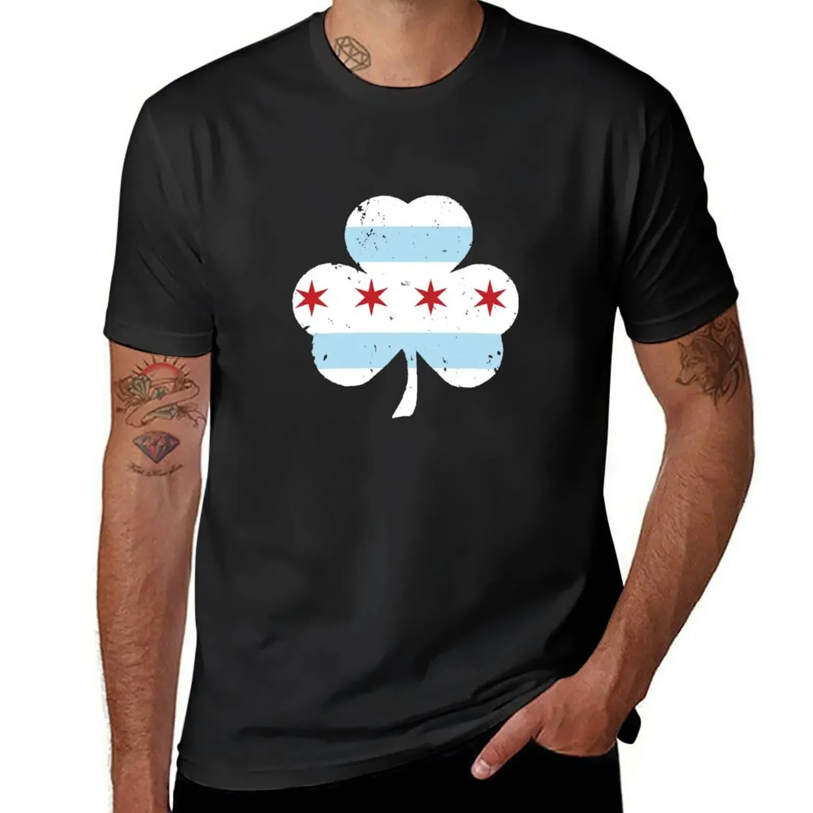 

Chicago Flag Clover T-Shirt street wear blue archive workout shirts for men