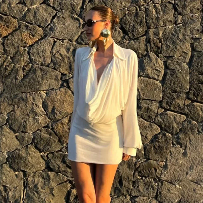Women White Mini Shirt Dress Autumn New Elegant Lapel Swinging Collar Long Sleeve Short Dress Casual Streetwear Party Outfits