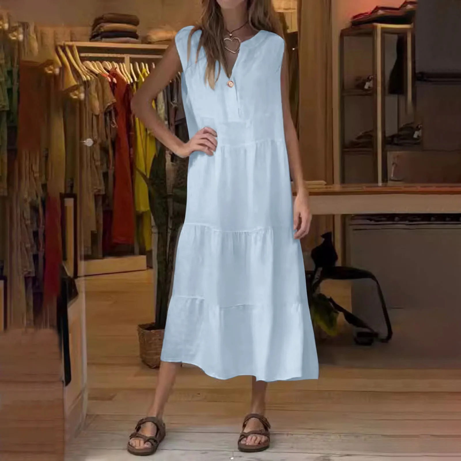 

2024 Cotton & Linen Simple Solid Long Dress Summer Casual Sleevless Loose Party Dress Women Elegant Deep V-neck Pleat Maxi Dress