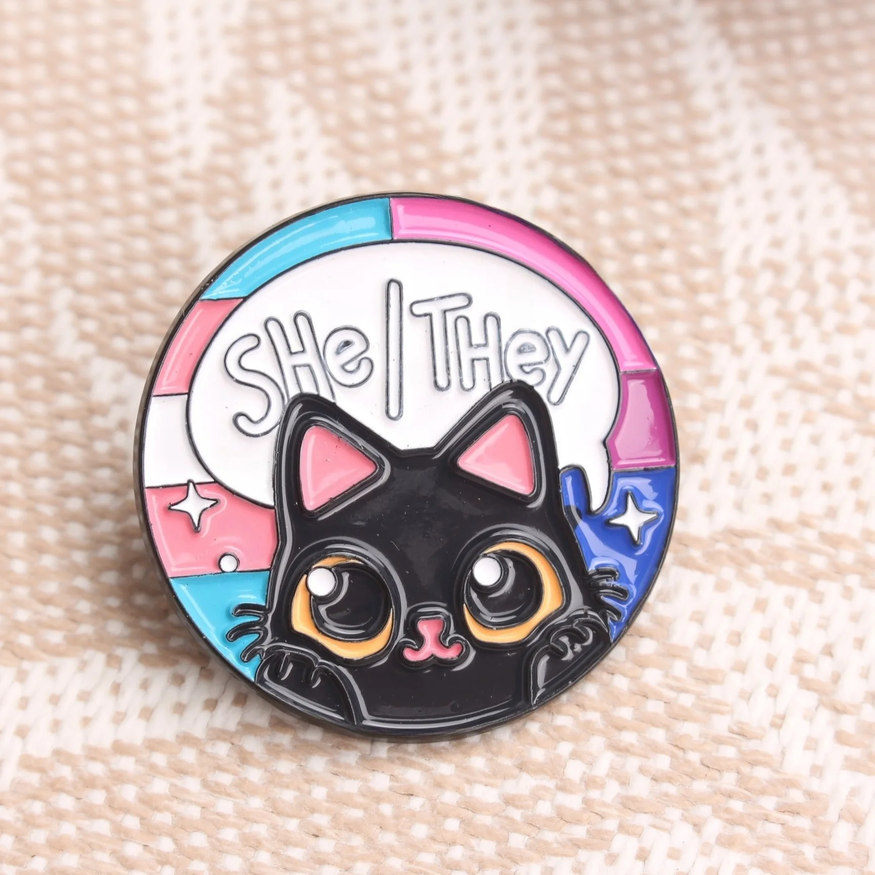 Multi-style Brooch | “She/They Pronoun” Black Cat + Rainbow Design. Unique Cute Trendy Accessory, Fits Scarves, Fun Friend Gift.