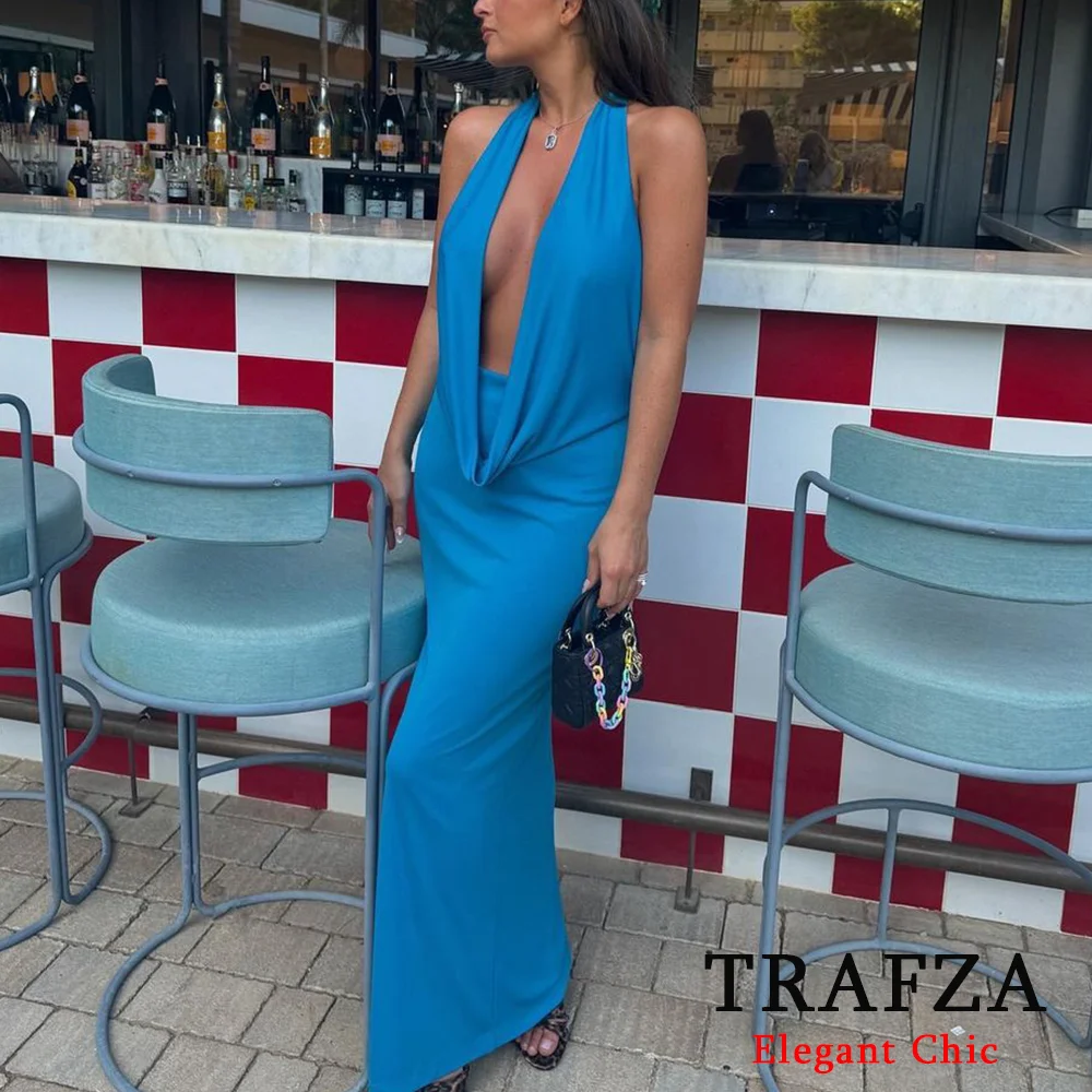 

TRAFZA Vintage Sexy Women Solid White Neck-mounted Dress Fashion 2024 Summer Backless Long Dress Elegent Party Evening Dress