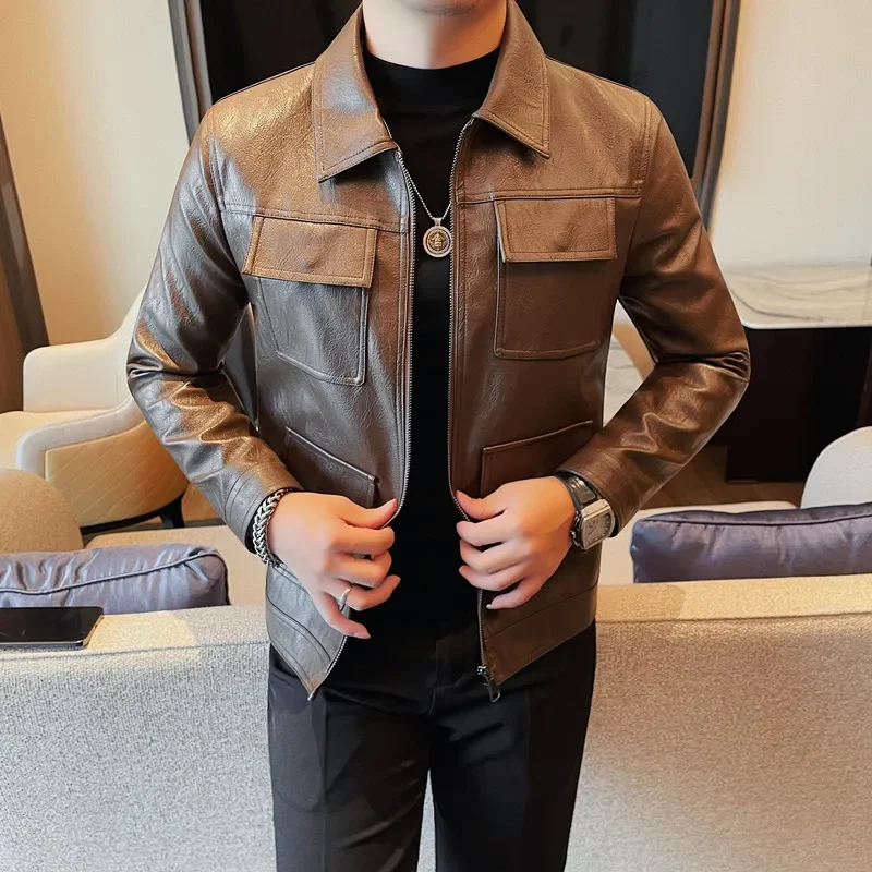 Autumn Winter High Quality Faux Leather Jacket Fashion Multi Pocket Design PU Leather Coats Man Vintage Business Slim Fit Coats
