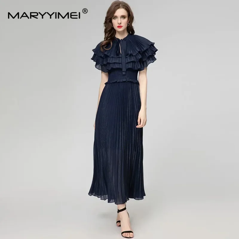 

MARYYIMEI New Fashion Runway Designer Women's Vintage Stand-Up Collar Lace-Up Flounce Short Sleeve Stretch Waist Pleated Dress