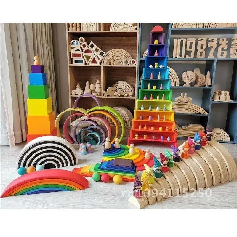 Kids Wood Rainbow Arch Stacker Pastel Building Blocks Plate Toys Balls Semi-circle Stacking Unpaint