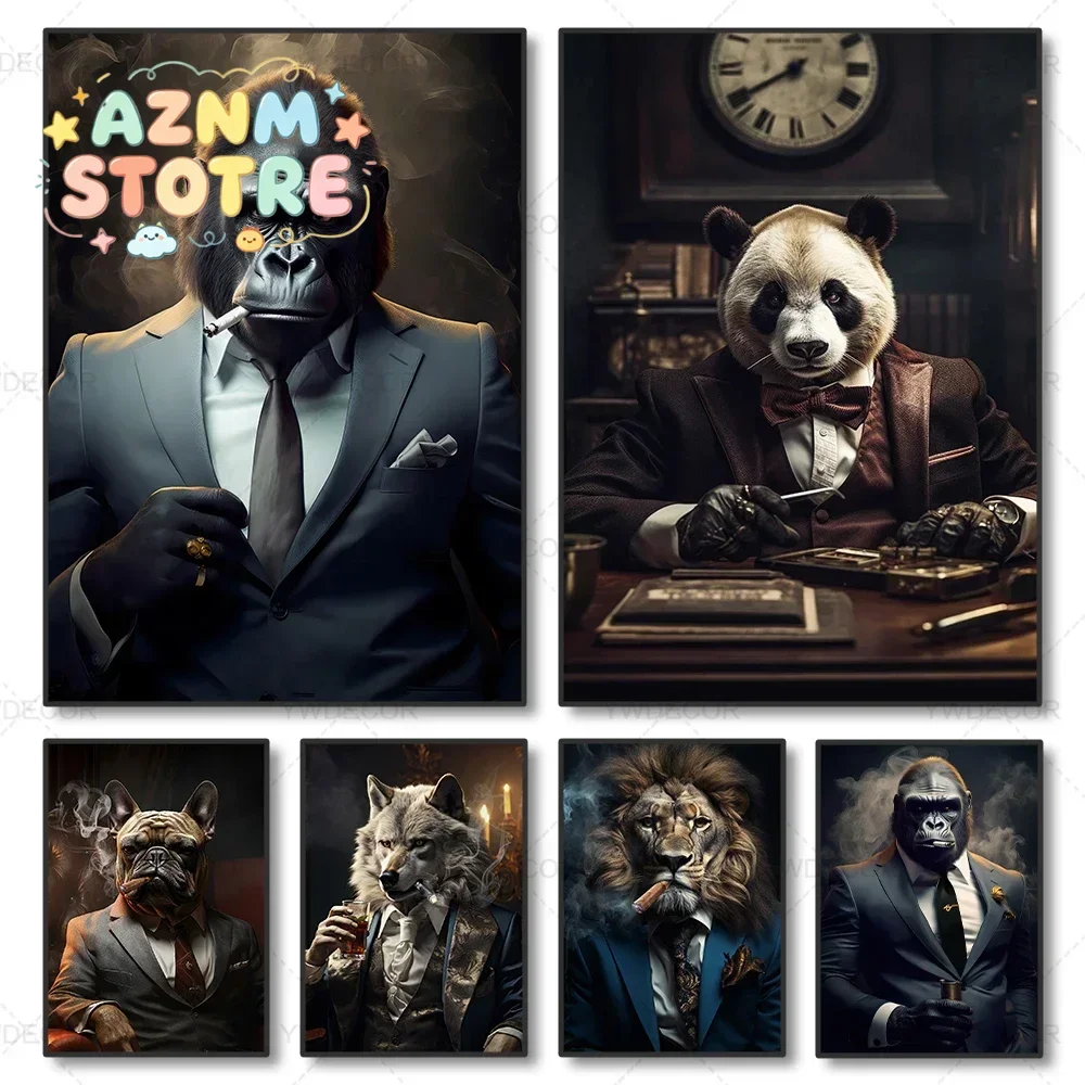 Abstract Smoking Lion Animals Boss Business Canvas Painting Wall Art Posters and Prints Picture Living Room Decor