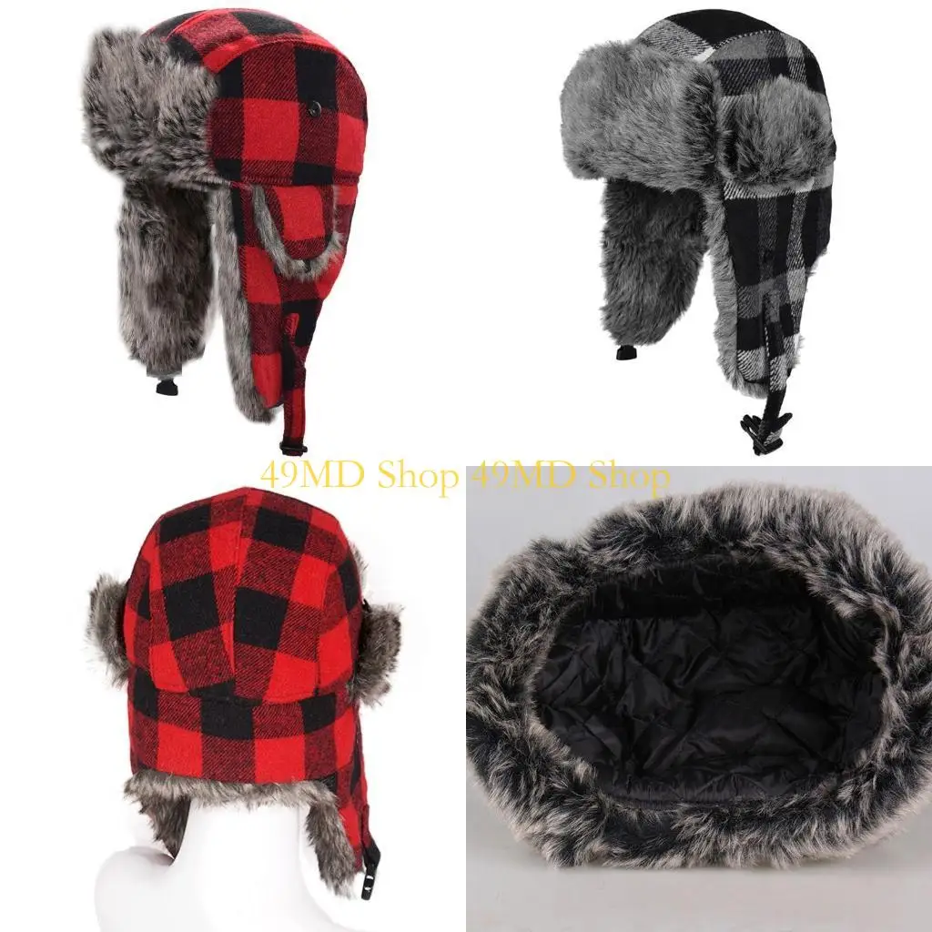 

49MD Зимняя шапка-ушанка унисекс с решетчатым принтом и плюшевой подкладкой-ушанкой-ушанкой