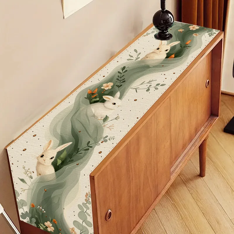 

1 шт. Весенняя пасхальная скатерть-дорожка с цветочным принтом и кроликом, льняная, с 2D-печатью, милый подарок для декора обеденного стола, кухни, гостиной